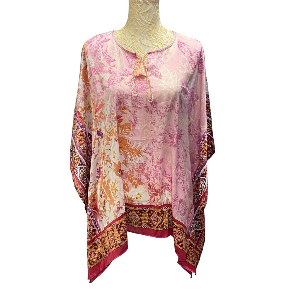 Susan Graver Charmeuse Scarf Top Tunic Pink Floral Flowy Boho Chic Resort Spring